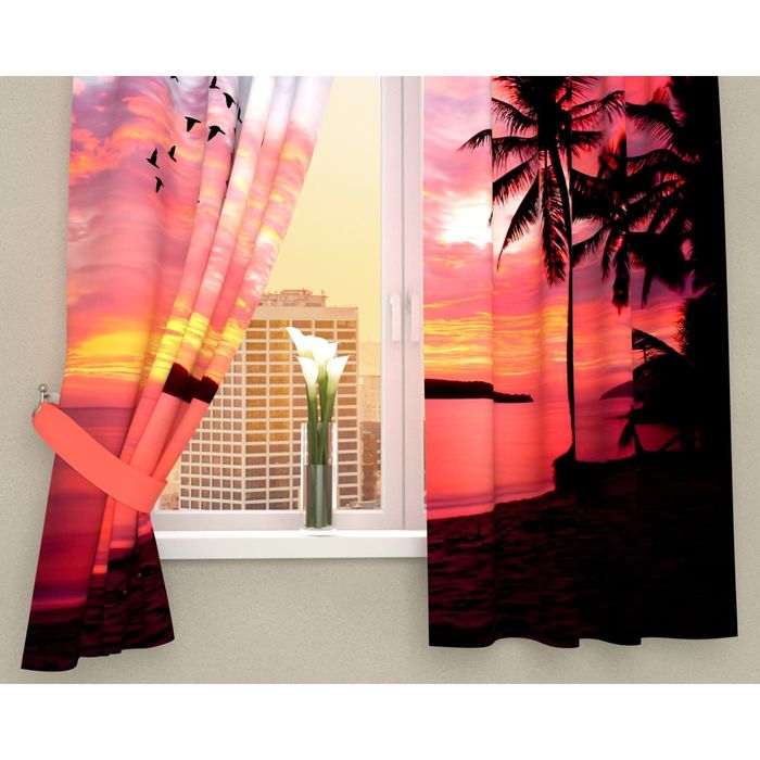Фотошторы кухонные "Алый закат в тихой бухте", размер 145х160 см-2 шт, габардин 03580