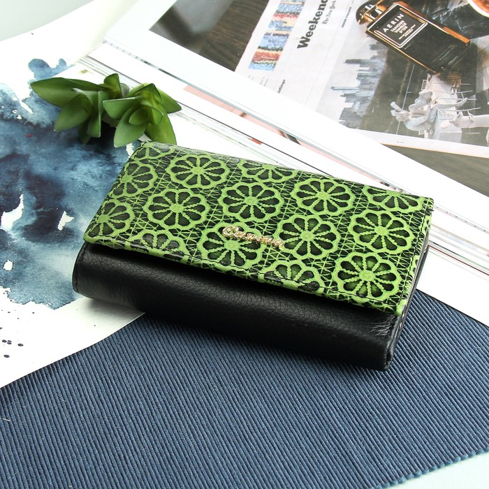 Кошелёк женский, 3 отдела, для карт, для монет, цвет зелёный