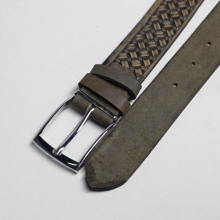 Ремень мужской, плетение, пряжка металл, ширина - 3,5 см, цвет серо-зелёный