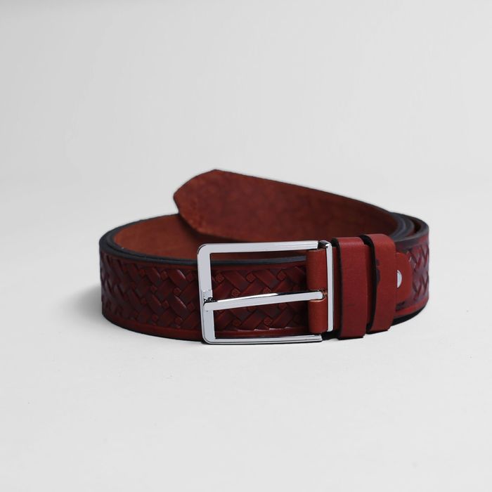 Ремень мужской, плетение, пряжка металл, ширина - 3,5 см, цвет рыжий