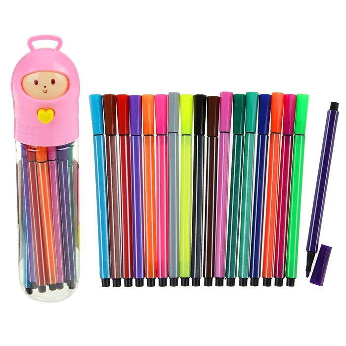 Фломастеры 18цв Полоски в тубусе Мишка с игрушкой (при нажатии кнопки меняются смайлы)