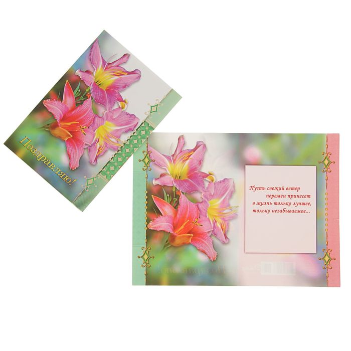 Открытка "Поздравляю!" розовые лилии, зеленый фон