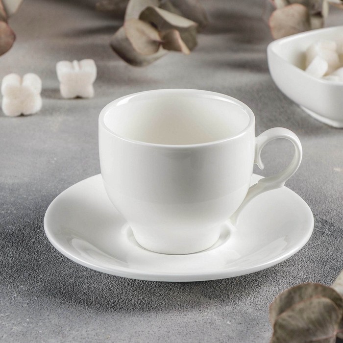 Чайная пара фарфоровая Wilmax, 2 предмета: чашка 170 мл, блюдце d=12,7 см, цвет белый кофейная пара фарфоровая wilmax 2 предмета чашка 160 мл блюдце цвет белый