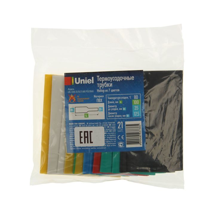 Термоусадочные трубки Uniel, 35/17,5 мм, набор 7 цветов по 3 шт, 100 мм
