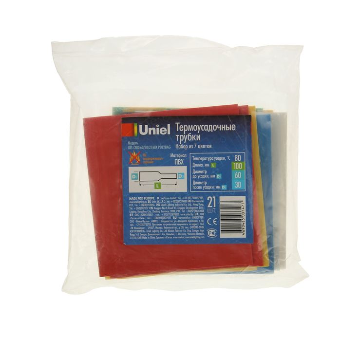 Термоусадочные трубки Uniel, 60/30 мм, набор 7 цветов по 3 шт, 100 мм