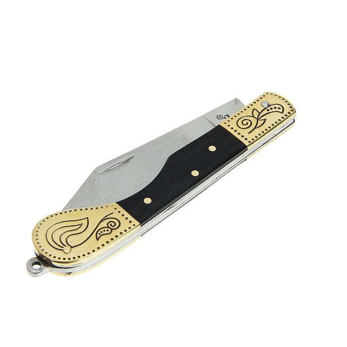 Нож перочинный лезвие clip-point 9,6см, рукоять золото с узорами и вставка темное дерево 22см 1850