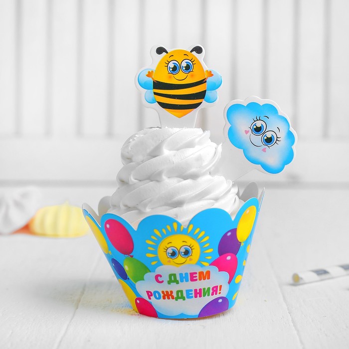 Украшения для кексов "С Днём рождения", солнышко, набор: 6 формочек, 12 шпажек