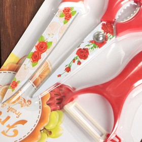 Набор кухонный «Цветение», 3 предмета: нож 12,5 см, ножницы, овощечистка, цвет красный от Сима-ленд