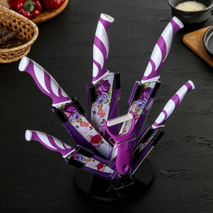 Набор "Цветение" 6 предметов на подставке: 5 ножей 8,5/12,5/20/20/20 см, овощечистка, цвет фиолетовый
