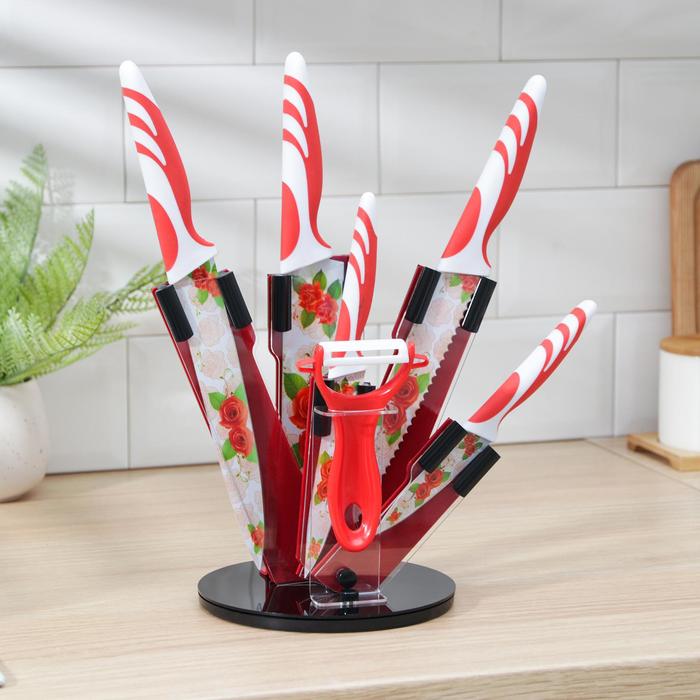 Набор кухонный "Флора", 6 предметов: 5 ножей 8,5/12,5/20/20/20 см, овощечистка, цвет красный