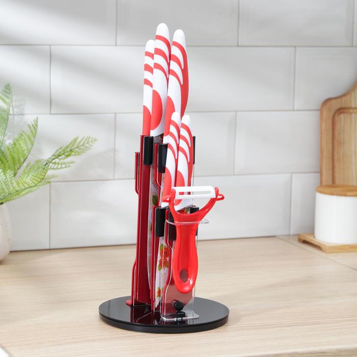 Набор кухонный "Флора", 6 предметов: 5 ножей 8,5/12,5/20/20/20 см, овощечистка, цвет красный