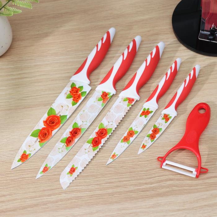 Набор кухонный "Флора", 6 предметов: 5 ножей 8,5/12,5/20/20/20 см, овощечистка, цвет красный