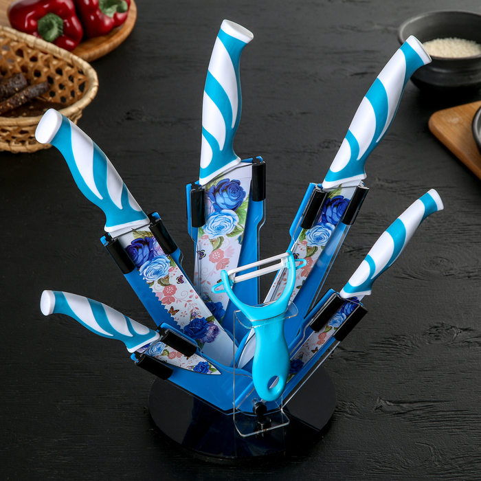 Набор кухонный"Флора", 6 предметов: 5 ножей 8,5/12,5/20/20/20 см, овощечистка, цвет голубой