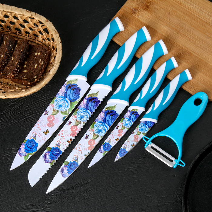 Набор кухонный"Флора", 6 предметов: 5 ножей 8,5/12,5/20/20/20 см, овощечистка, цвет голубой