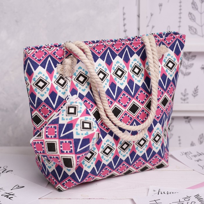 Сумка детская на молнии "Орнамент", 1 отдел, с кошельком, цвет синий/розовый