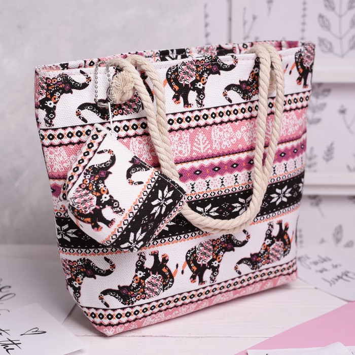 Сумка детская на молнии "Слоны", 1 отдел, с кошельком, цвет чёрный/розовый