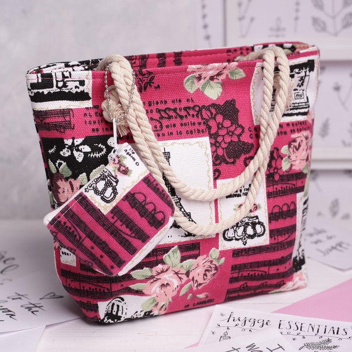 Сумка детская на молнии "Города", 1 отдел, с кошельком, цвет малиновый