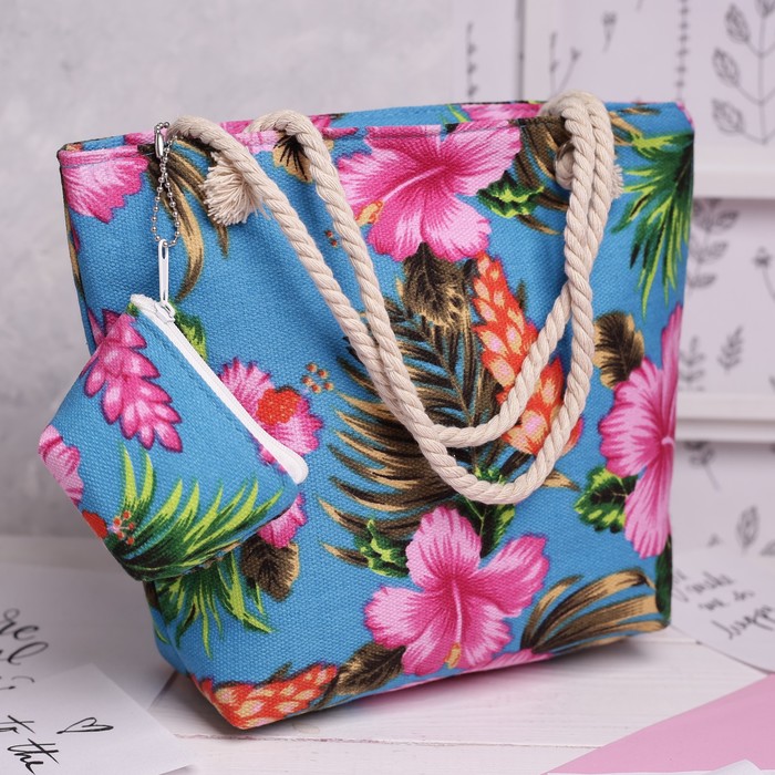 Сумка детская на молнии "Цветы", 1 отдел, с кошельком, цвет бирюзовый