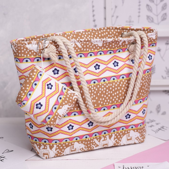 Сумка детская на молнии "Слоны", 1 отдел, с кошельком, цвет коричневый