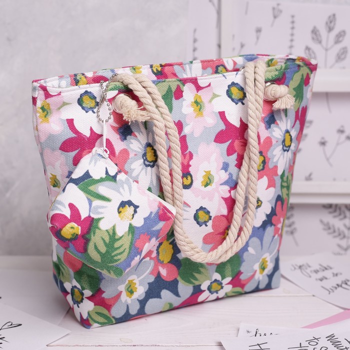 Сумка детская на молнии "Ромашки", 1 отдел, с кошельком, цвет розовый