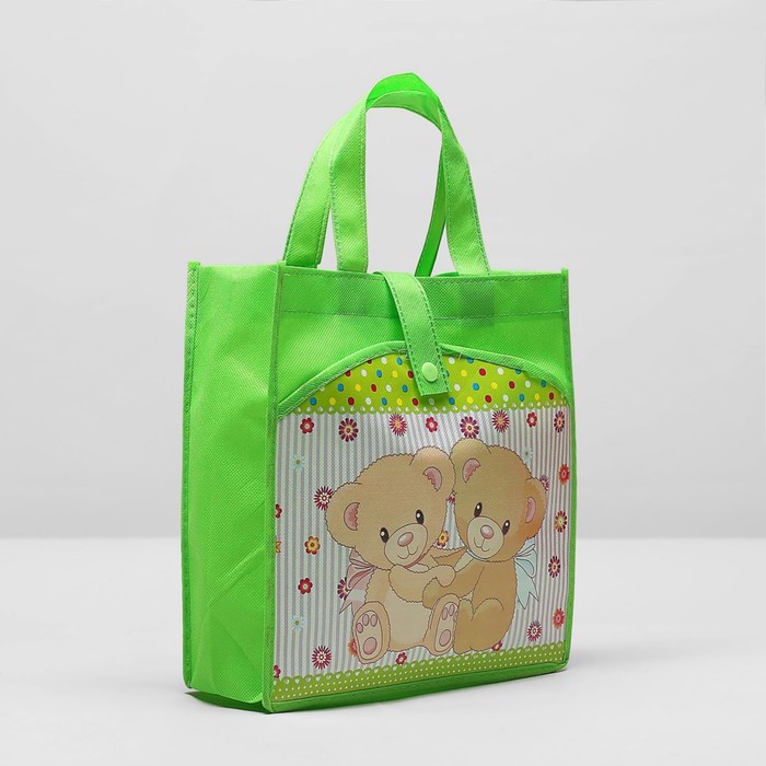 Сумка детская на кнопке "Мишки", 1 отдел, наружный карман, цвет зелёный