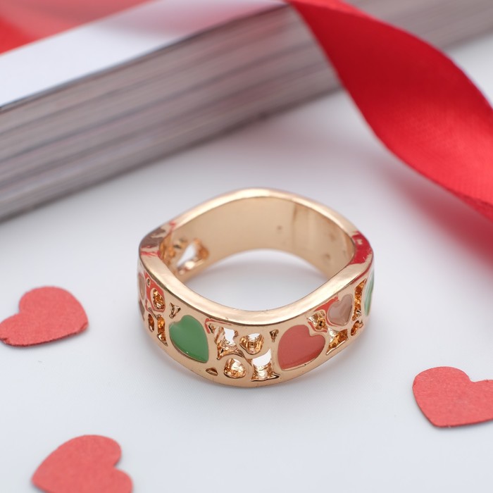 Кольцо "Абстракция" сердечки, цветное в золоте, размер 16