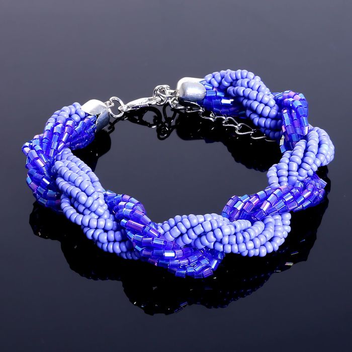 Браслет из бисера "Плетение" жгут, цвет синий в серебре