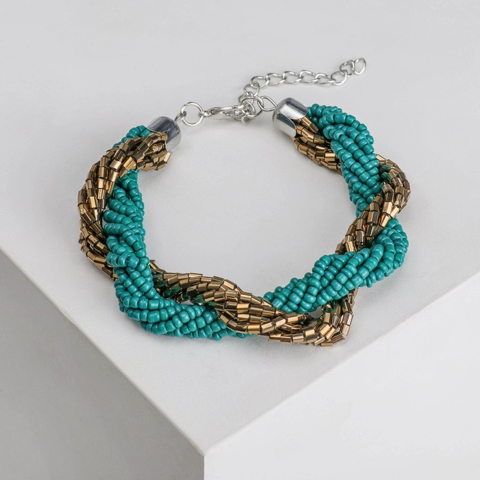 Браслет из бисера "Плетение" жгут, цвет бирюзово-золотой в золоте