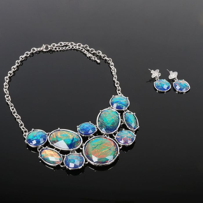 Набор 2 предмета: серьги, колье "Круги и овалы" каскад, цвет сине-радужный в серебре