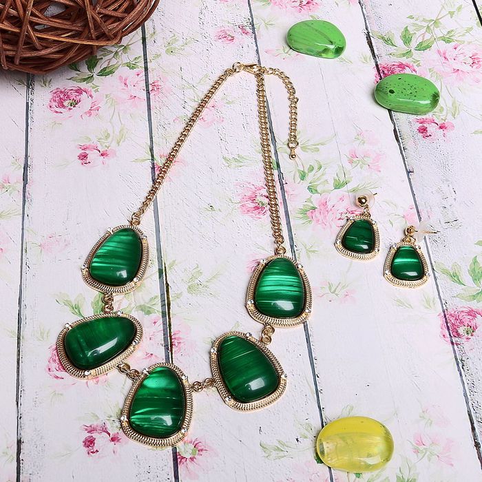 Набор 2 предмета: серьги, колье "Имидж", цвет зелёный в золоте