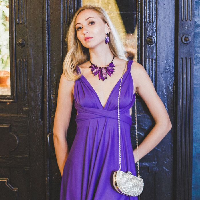 Набор 2 предмета: серьги, колье "Каскад" листья, цвет фиолетовый в золоте