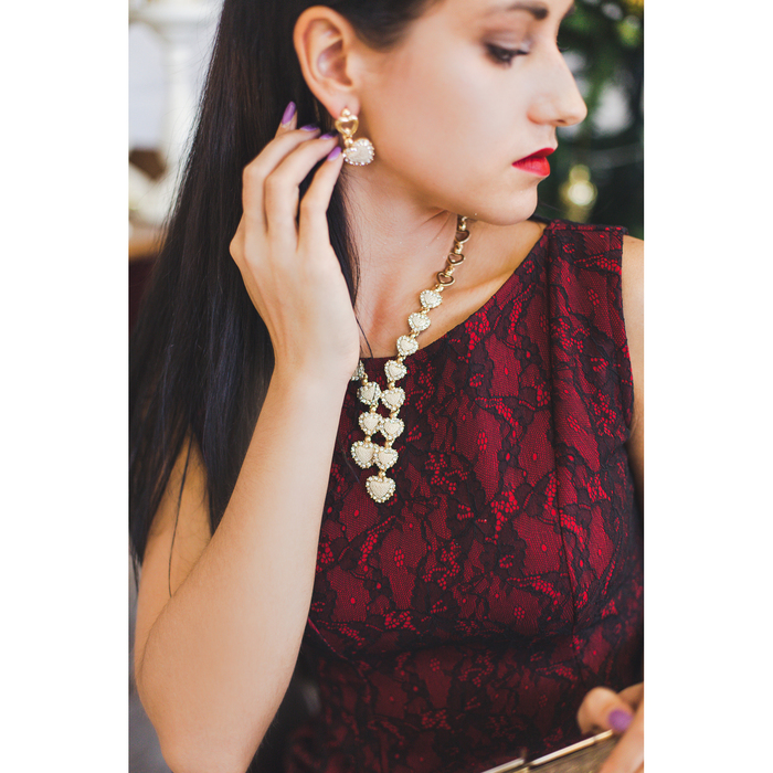 Набор 2 предмета: серьги, колье "Любящие сердца", цвет белый в золоте