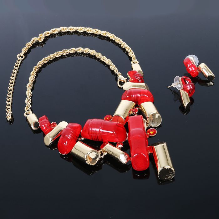 Набор 2 предмета: серьги, колье "Абстракция", цвет розово-красный в золоте