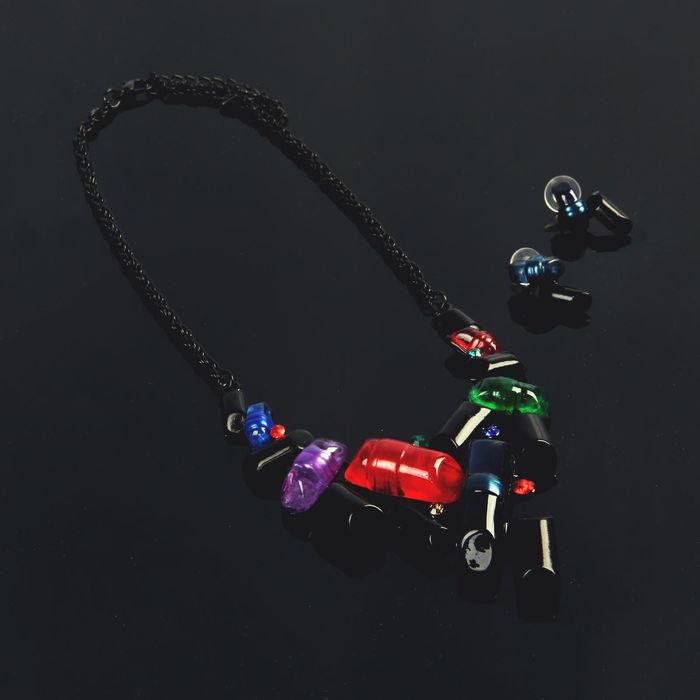 Набор 2 предмета: серьги, колье "Абстракция", цветной в чёрном металле