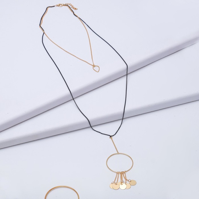 Кулон на двойной цепочке "Круги" каскад, цвет чёрный в золоте, 72см