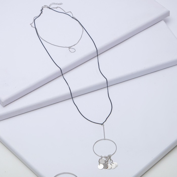 Кулон на двойной цепочке "Круги" каскад, цвет чёрный в серебре, 72см