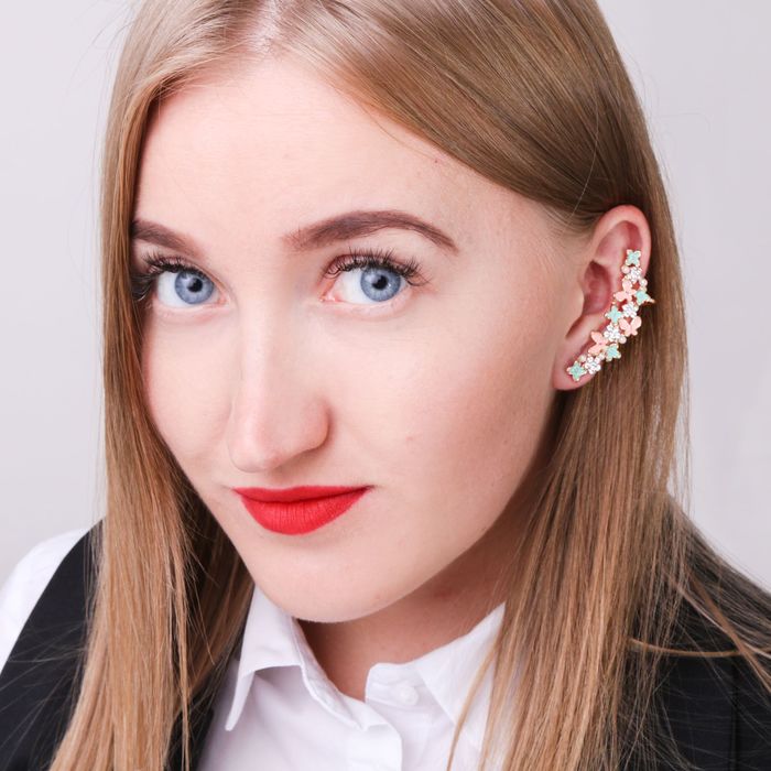 Серьга "Каффа" весенняя полянка, голубо-бело-розовая в золоте