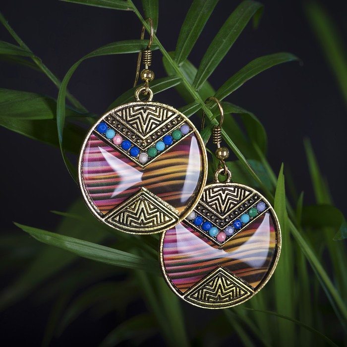 Серьги этника "Круг радужный", цветные в чернёном золоте