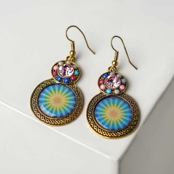 Серьги этника "Круги" радужные, цветные в чернёном золоте