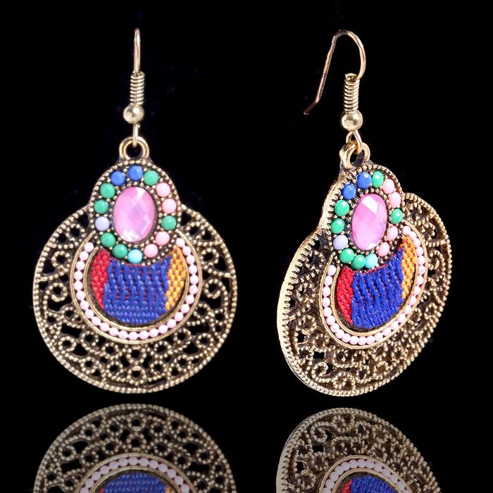 Серьги этника "Круги" ажур, цветные в чернёном золоте