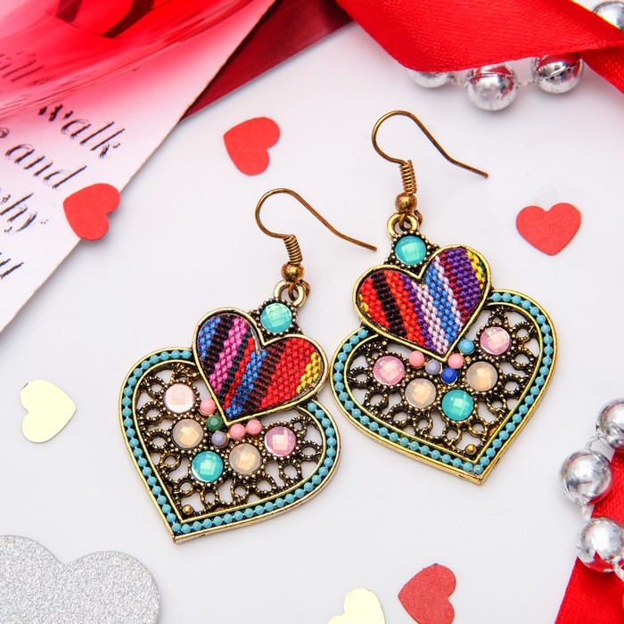 Серьги этника "Сердца" ажур, цветные в чернёном золоте