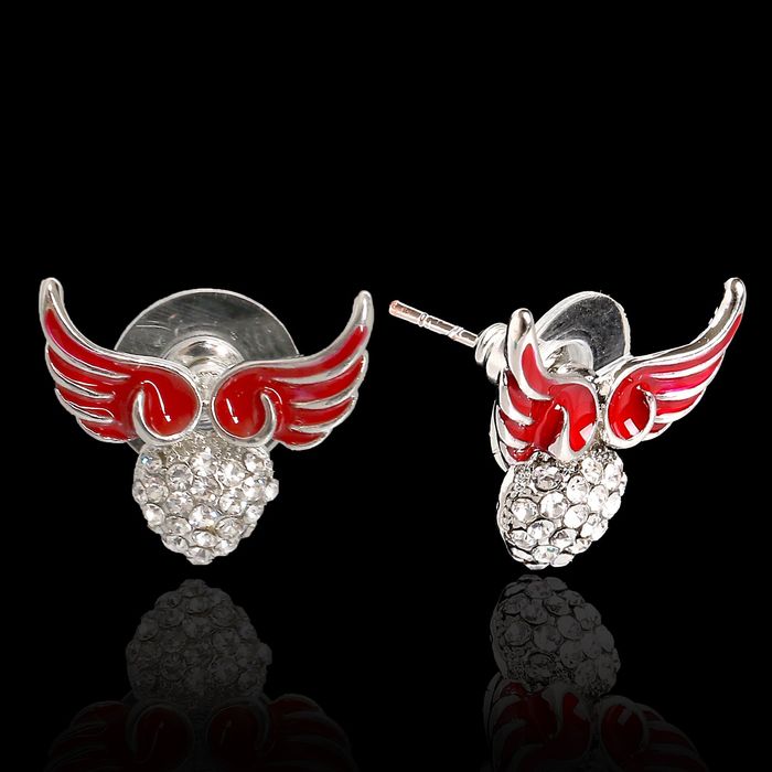 Серьги эмаль "Сердце с крыльями", цвет красно-белый в серебре