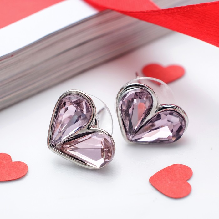 Серьги со стразами "Сердечки" маленькие, цвет сиреневый в серебре