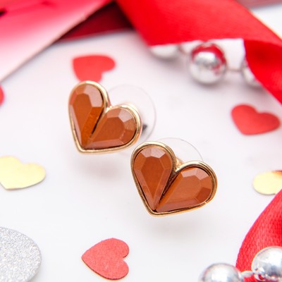 Серьги "Сердечки" маленькие, цвет коричневый в золоте