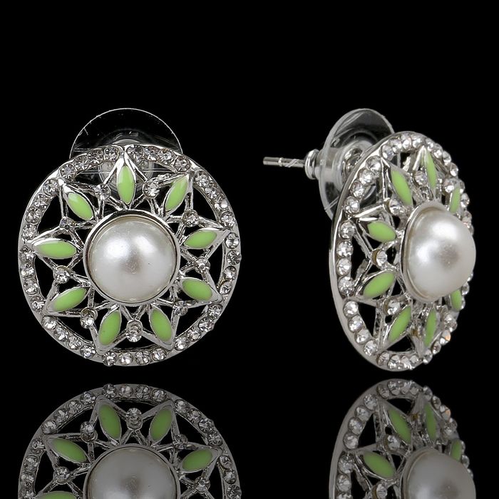Серьги с жемчугом "Круг" с жемчужиной, цвет бело-зелёный в серебре