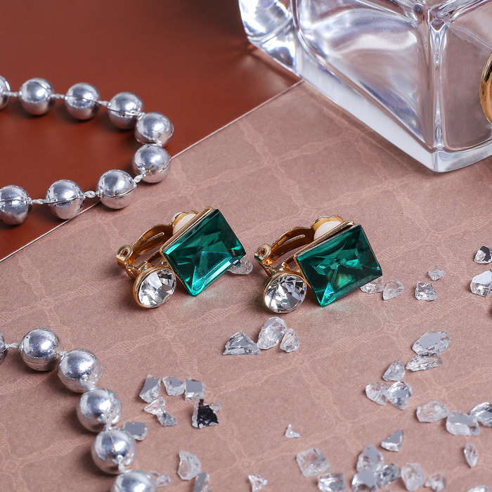 Клипсы "Квадрат" с подвеской, цвет зелёно-белый в серебре