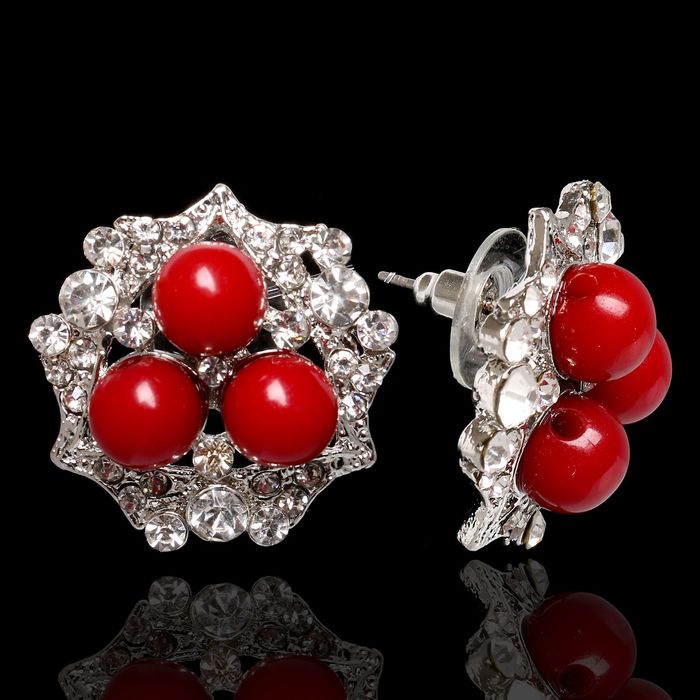 Серьги ассорти "Роскошь" бусины трио, цвет красно-белый в серебре