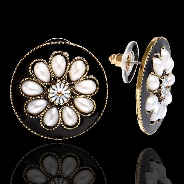 Серьги ассорти "Цветок" в круге, цвет чёрно-белый в чернёном золоте