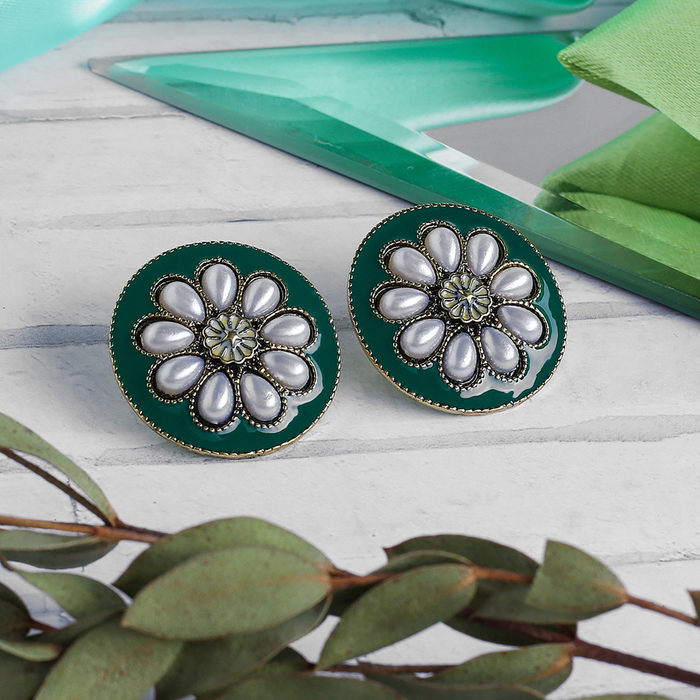 Серьги ассорти "Цветок" в круге, цвет зелёно-белый в чернёном золоте