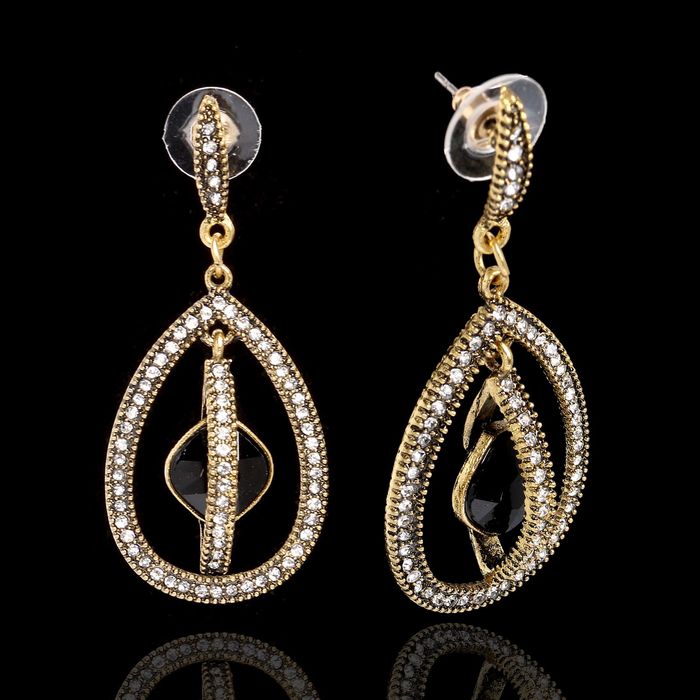 Серьги со стразами "Капли" орбиты, цвет бело-чёрный в чернёном золоте